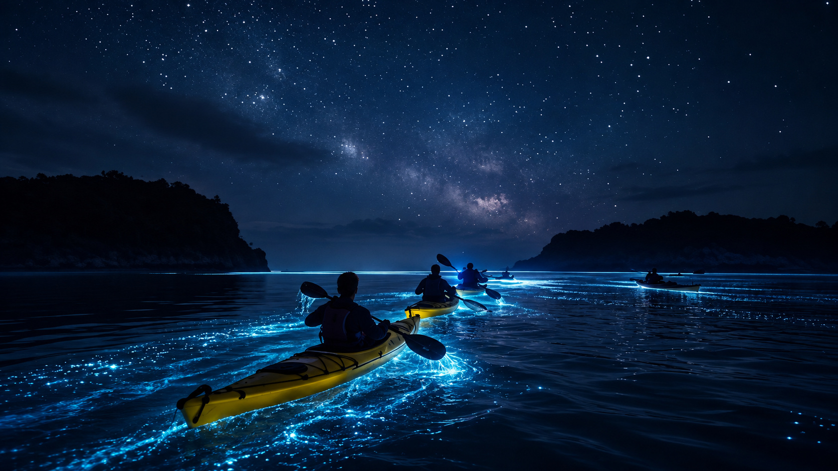 Artistic illustration of kayaks on glowing bioluminescent water
